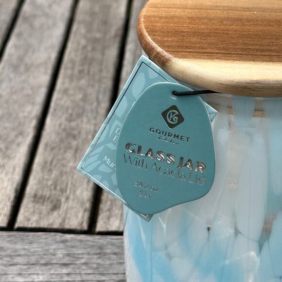 Murano Light Pastel Blue Confetti Glass Jar with Acacia Lid BPA Free Storage New - Picture 2 of 12